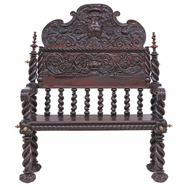 STunning Antique Hall Bench, Spanish, Baroque Revival, Carved, Walnut, Twist Legs, 1800s, 19th Century! An impressive...