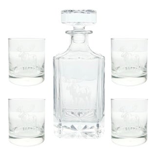 Moose Elk Antlers Etched Decanter & Old Fashion Tumbler Set, Barware - 5-Piece For Sale