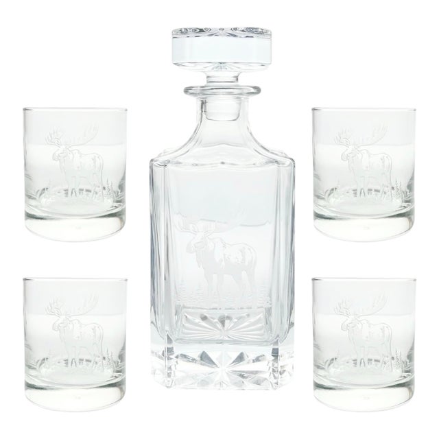 Moose Elk Antlers Etched Decanter & Old Fashion Tumbler Set, Barware - 5-Piece For Sale