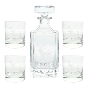 Moose Elk Antlers Etched Decanter & Old Fashion Tumbler Set, Barware - 5-Piece