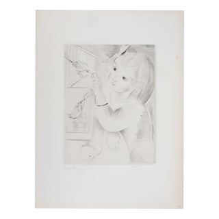 Mily Possoz, Little Girl with Birds, Original Signed Engraving For Sale