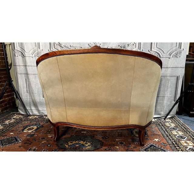 1990s Custom-Made Vintage French Suede and Fabric Carved Settee For Sale In Boston - Image 6 of 12