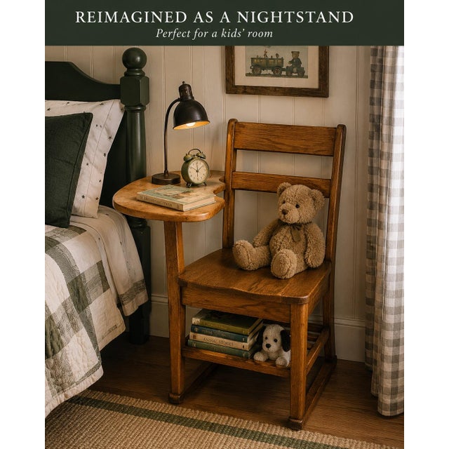 A charming and increasingly hard-to-find vintage school desk chair crafted in solid oak with an integrated writing surface...