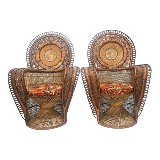 Exotic Rare Pair Wicker Throne Peacock Chairs , Medallion Back, Mid Century Hollywood Glam - For Sale