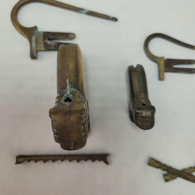 Vintage Brass Lion and Dog Puzzle Padlocks With Keys Figural Trick Locks For Sale - Image 9 of 13