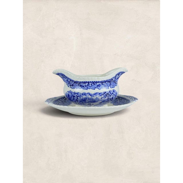 Antique English Mason Blue-and-White Transferware Gravy Boat and Stand For Sale - Image 4 of 7