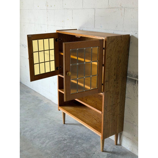 Brown Oak Glass Cabinet With Leaded Doors Danish Mid-Century Modern 1960s For Sale - Image 8 of 10