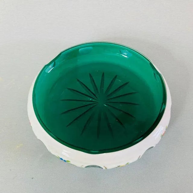 French Vintage Bohemian Art Glass Czech Hand Painted Ashtray For Sale - Image 3 of 6