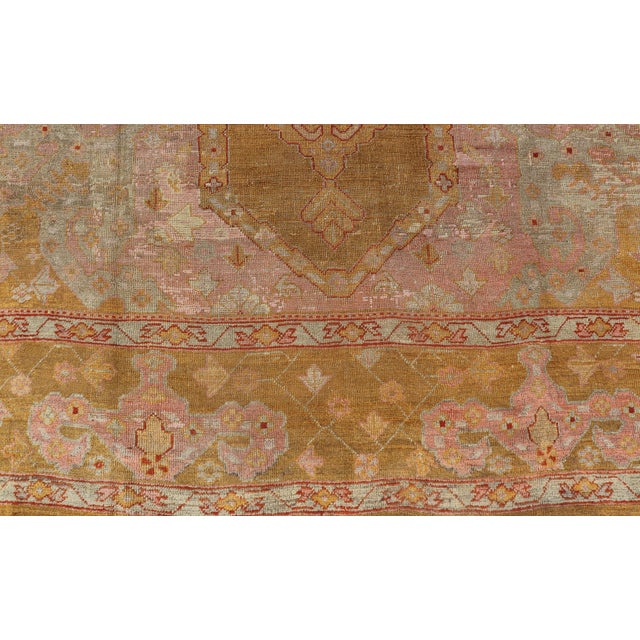 Squared Shape Antique Oushak Rug in Green, Marigold, Cream and Pink Color For Sale - Image 15 of 17