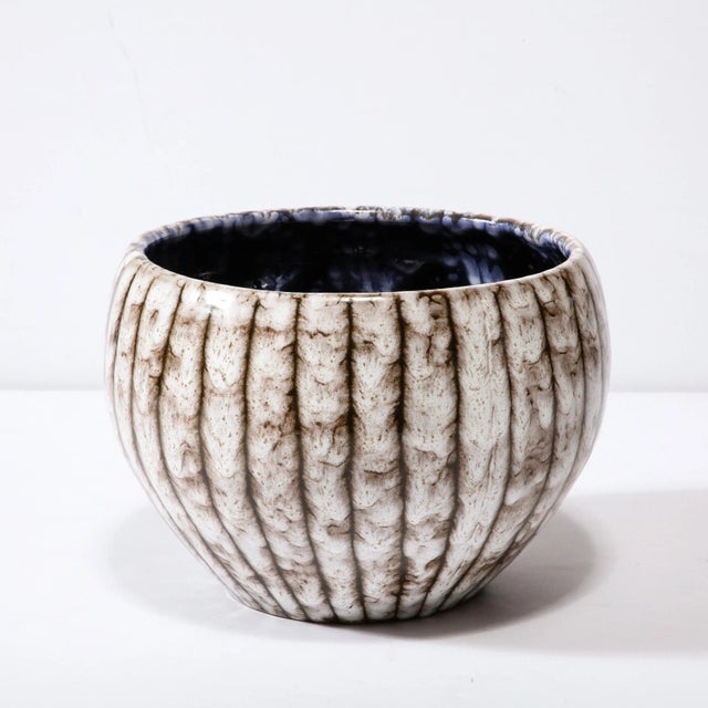 White Mid-Century Modernist White & Earth Toned Ceramic Bowl With Vertical Banding For Sale - Image 8 of 11