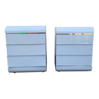 1980s Post Modern Waterfall Three Drawer Grey Laminate Nightstands With Silver Detail - a Pair For Sale
