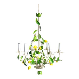 Italian Tole Lemon Chandelier in Green, White & Yellow - Vintage For Sale