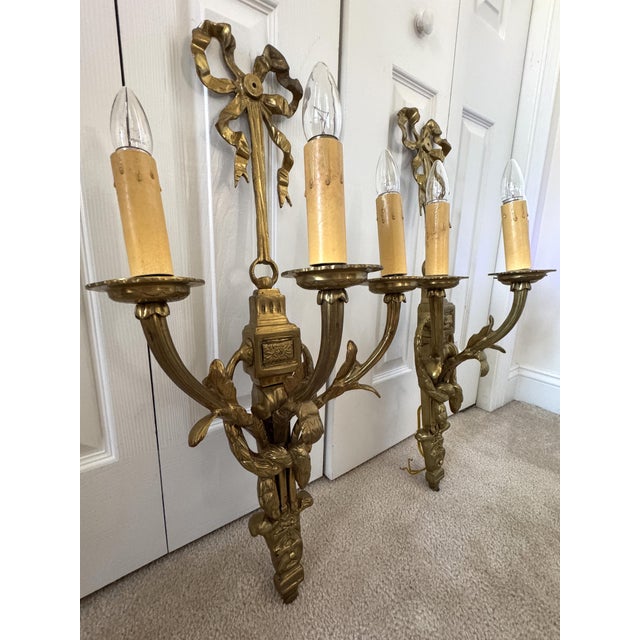 Brass Mid 20th Century Louis XIV Solid Brass 3-Arm Wall Sconces W/Ribbons For Sale - Image 8 of 17