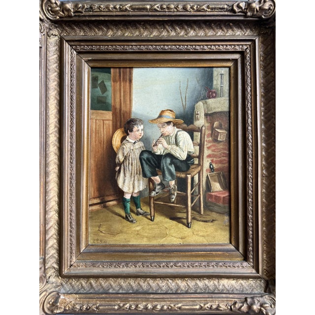 This painting is a true marvel, depicting two children playing the flute in the late 19th century. This oil on panel is a...