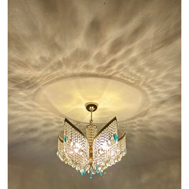 Aqua 1960s Mid-Century Modern Crystal Chandelier With Aqua Blue Drops - Solid Brass Leaf Design Lighting - Rewired & Working⁠ For Sale - Image 8 of 18