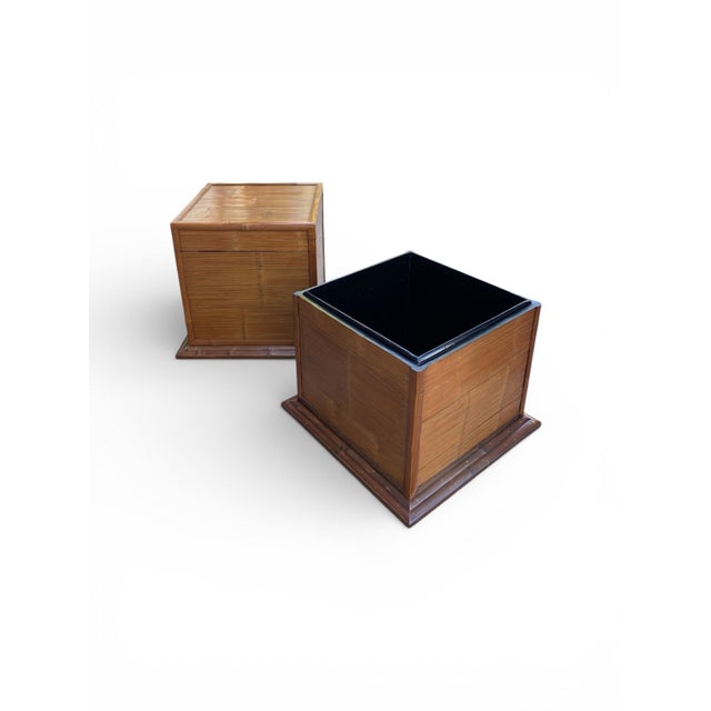 Pair of stunning, vintage, Asian bamboo boxes with black lacquered interiors. These pieces feature a sturdy, square design...