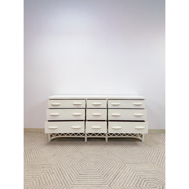 Wood Vintage White Rattan 9-Drawer Dresser Old Florida Ficks Reed Style MCM Coastal For Sale - Image 7 of 14