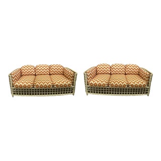 Mid 20th Century Pair of Vintage Rattan and Bamboo Three Seat Sofas With Custom Missoni-Inspired Cushions For Sale