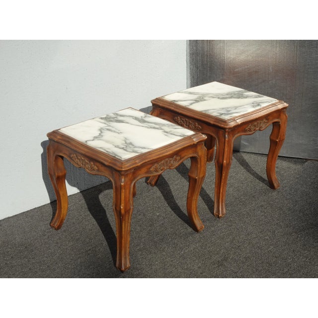 Pair of Vintage French Provincial White Marble Top End Tables ~ Nightstands For Sale - Image 4 of 12
