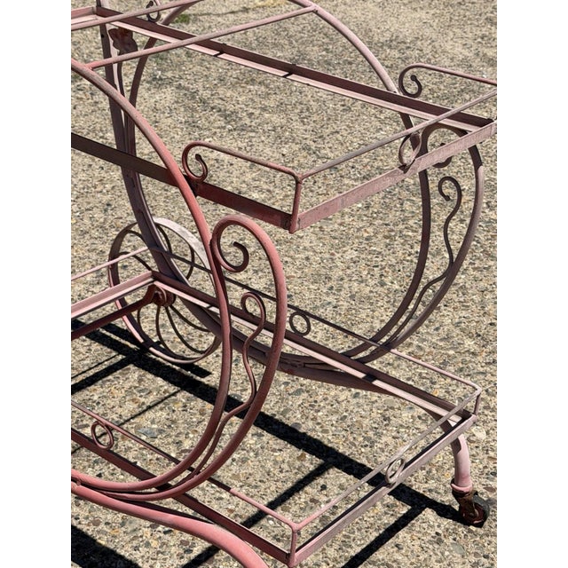Pink Antique Salterini Mt Vernon Wrought Iron Art Nouveau Pink Serving Bar Tea Cart For Sale - Image 8 of 16