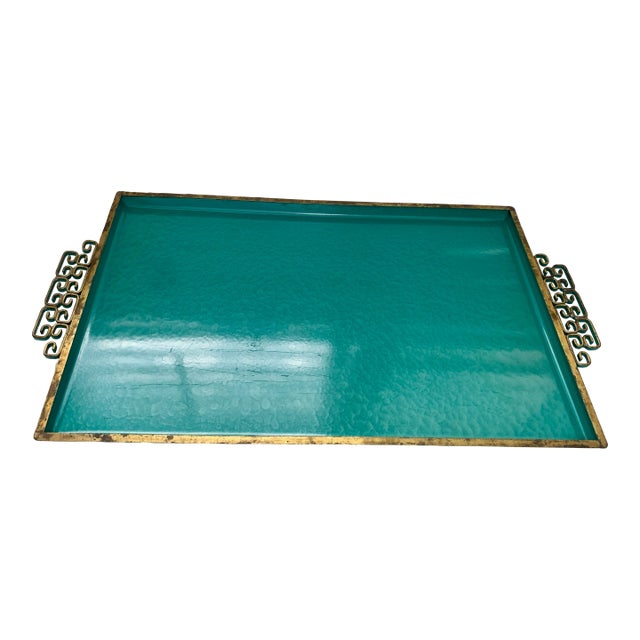 Mid Century Kyes Turquoise Enamel & Brass Tray – Handmade Pasadena, California For Sale