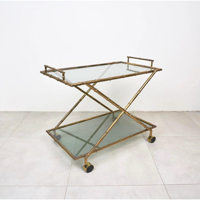 1960s Faux Bamboo Brass & Smoked Glass Serving Cart from Rue Royale, France, 1960s For Sale - Image 5 of 18
