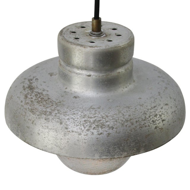 Industrial Vintage Industrial Grey Metal &andFrosted Glass Pendant Lamp For Sale - Image 3 of 6