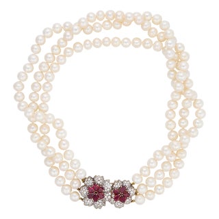 Elan Vintage 6.70 Carats Ruby Diamond Pearl 18k Yellow Gold Necklace For Sale
