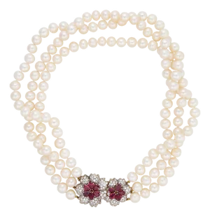 Elan Vintage 6.70 Carats Ruby Diamond Pearl 18k Yellow Gold Necklace