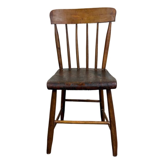 Antique American Windsor Farmhouse Style Plank Seat Dining Side Accent Chair For Sale