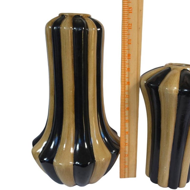 Art Deco Art Deco Hollywood Regency Black & Tan Fluted Ceramic Vase Pair For Sale - Image 3 of 16