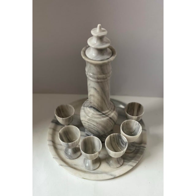Gorgeous gray and white swirled marble cordial or sake set with six one ounce handled cups This eye catching vintage set...
