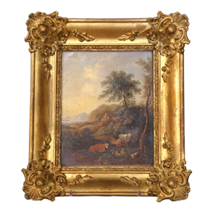19th C. French Pastoral Landscape Painting on Board With Glass in Gilt Frame