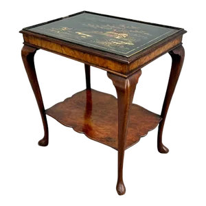 Antique Queen Ann Style With Raised Lacquer Chinoiserie Side Table.