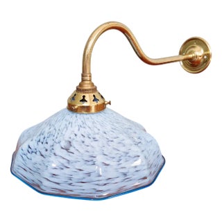 Swan Neck Wall Light in Brass and Blue Speckled Glass, 1930s For Sale