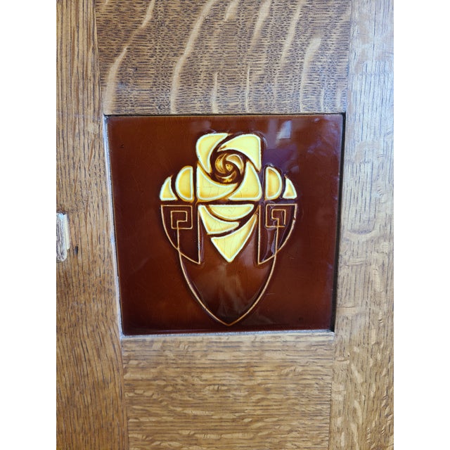 Brown Stickley Style Oak Mission Nightstands (Pair) With Inlaid Gillot & Cie Tile For Sale - Image 8 of 13