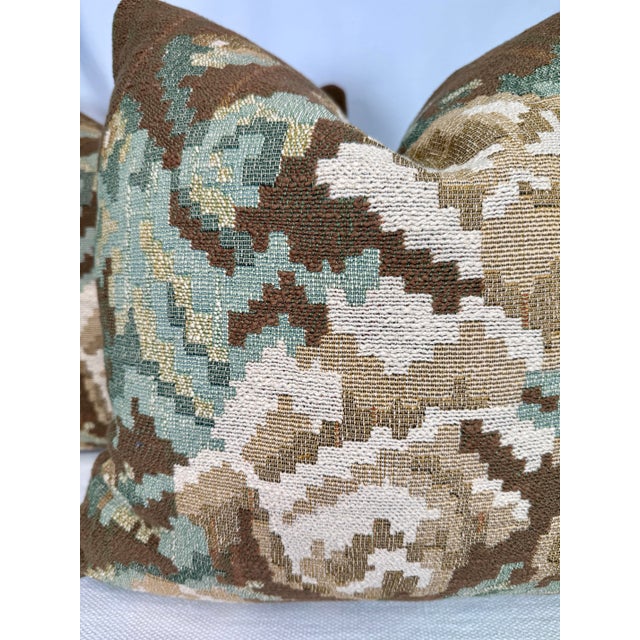 Custom pair of 22" pillows covered in a tapestry fabric in a floral motif pattern of beige , green and brown. These...