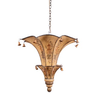 Two Tiers 8 Sides Umbrella Ceiling Chandelier, Hand Painted Chinoiseries With Bells For Sale
