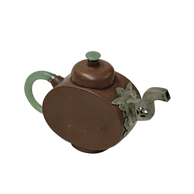 Chinese Chinese Zisha Clay Brown Jade Stone Handle Pewter Teapot Display Art For Sale - Image 3 of 11