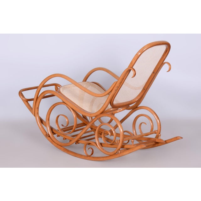 Art Deco Beech Rocking Chair with Footrest attributed to Thonet, Czech, 1920s For Sale - Image 6 of 18