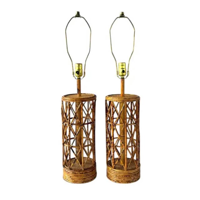Mid-Century Modern Vintage Mid Century Rattan and Bamboo Cylinder Table Lamps, a Pair For Sale - Image 3 of 13