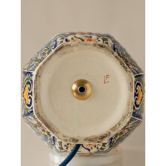 Antique French Faience Table Lamp by Géo Martel with New Velvet Shade For Sale - Image 10 of 11
