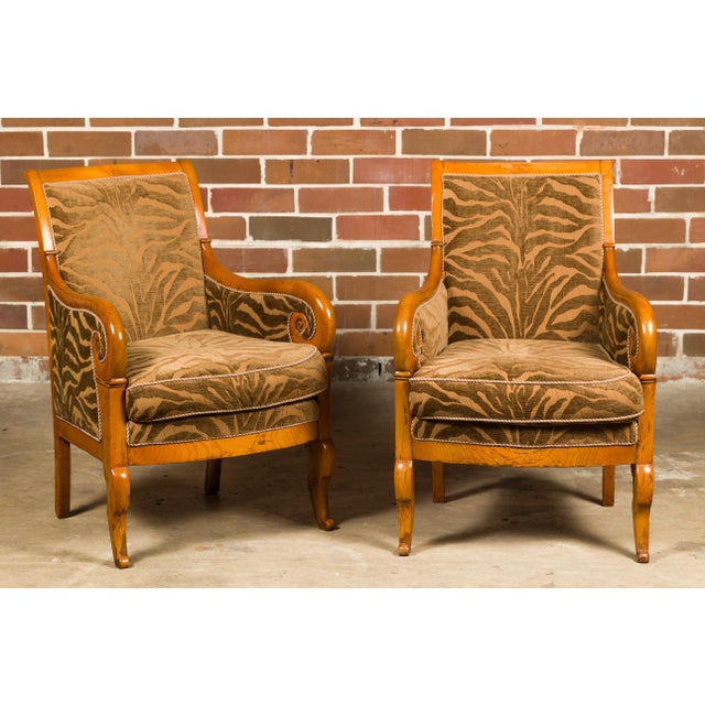 19th Century French Walnut 19th Century Bergère Chairs with Carved Arms and Zebra Upholstery For Sale - Image 5 of 12