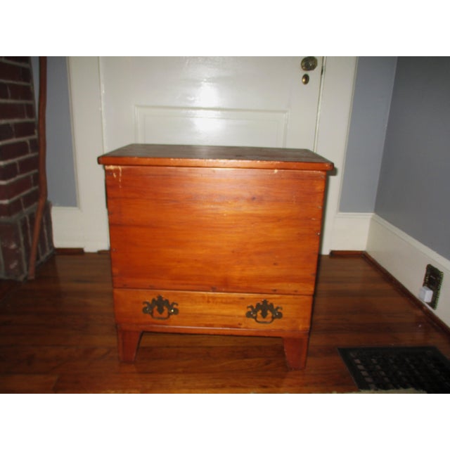 This is a Superb! Antique Early American Primitive Sheraton Sugar Chest Pine Wood Storage Chest with Strap Hinges and a...