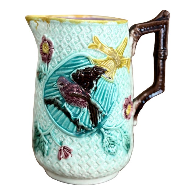 Antique English Majolica Bird Pitcher With Plum Interior – Victorian Art Pottery Jug For Sale