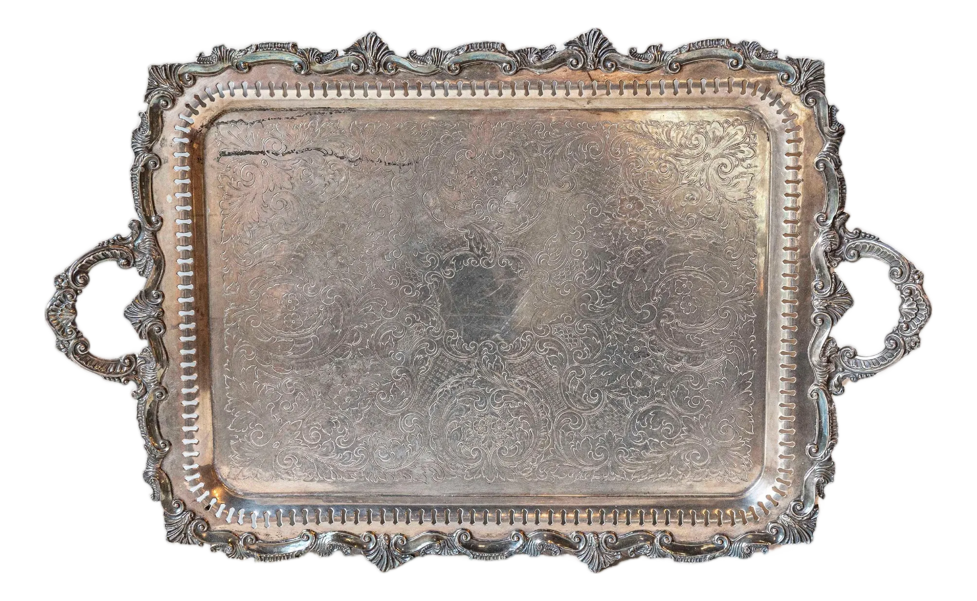 Early 20th Century English Silver Plate Serving Tray with Ornate
