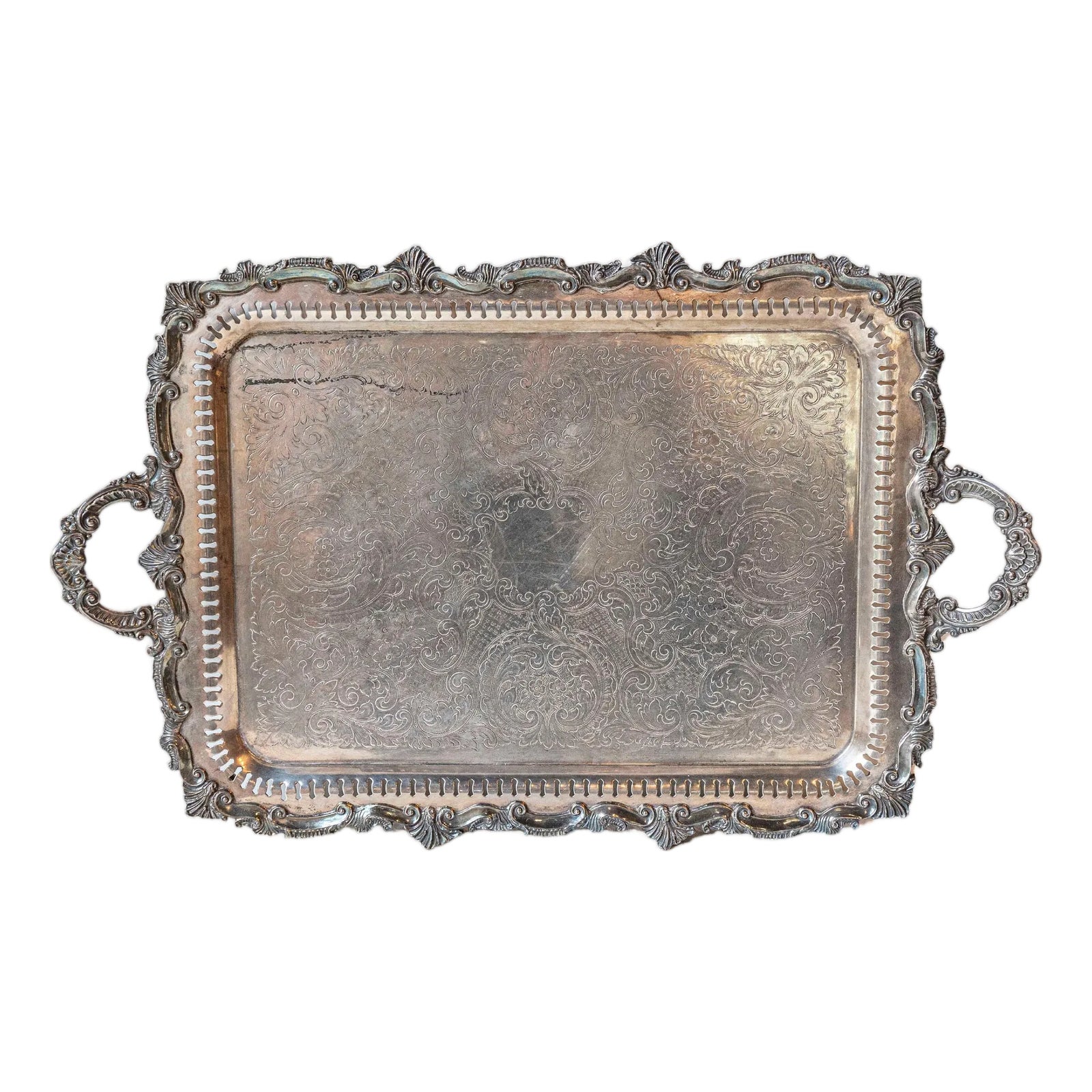 Early 20th Century English Silver Plate Serving Tray with Ornate