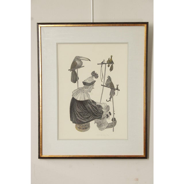 Quality Custom Framed Pen and Ink Drawing of a Forlorn Clown with Pets by Oliver Grimley (American, 1920-2013), Signed and...
