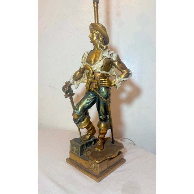 Metal Huge Antique Patinated Bronze Clad Captain Kidd Pirate Figural Table Lamp For Sale - Image 7 of 13