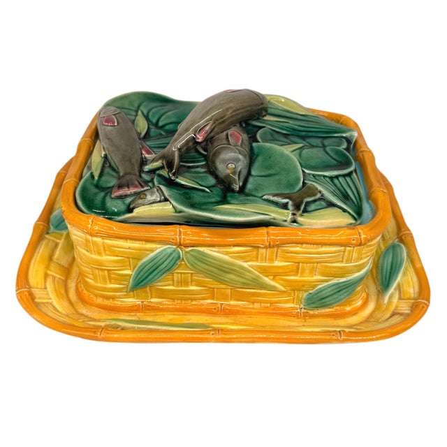 Victorian A Victoria Pottery Majolica Yellow Basketweave Sardine Box, English, Ca. 1882 For Sale - Image 3 of 13
